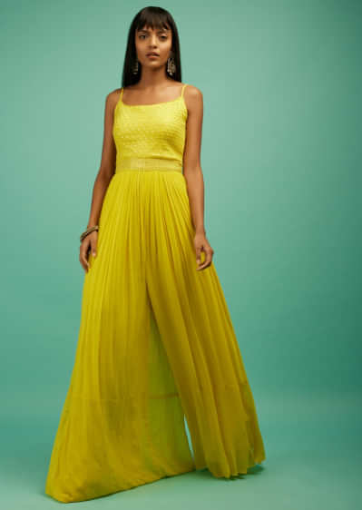 Lemon Yellow Jumpsuit In Georgette With Resham And Sequins Embroidered Jaal On The Bodice  