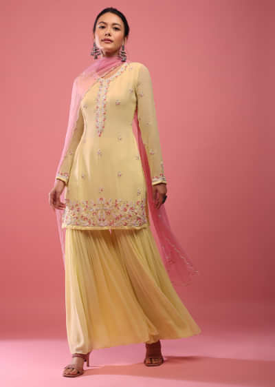 Lemonade Yellow Sharara Suit In Georgette With Embroidery In Moti And Sequin