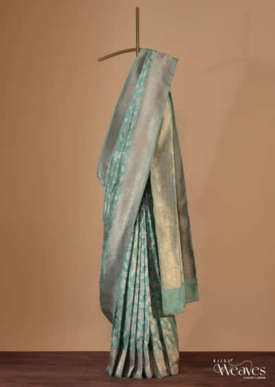 Sea Green Saree In Uppada Silk With Silver Gold Kadva Jaal And Unstitched Blouse