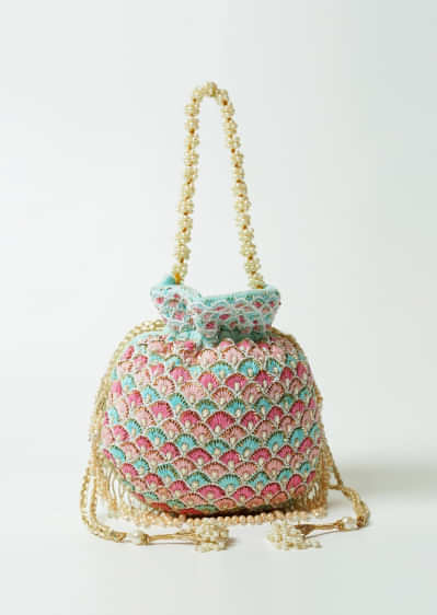 Light Blue Potli Bag In Velvet Adorned With Multicolored Thread And Beads Embroidered Scallop