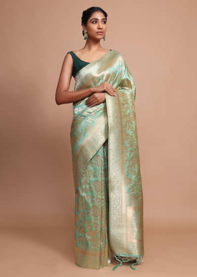 Light Green Banarasi Saree In Silk With Weaved Floral Jaal