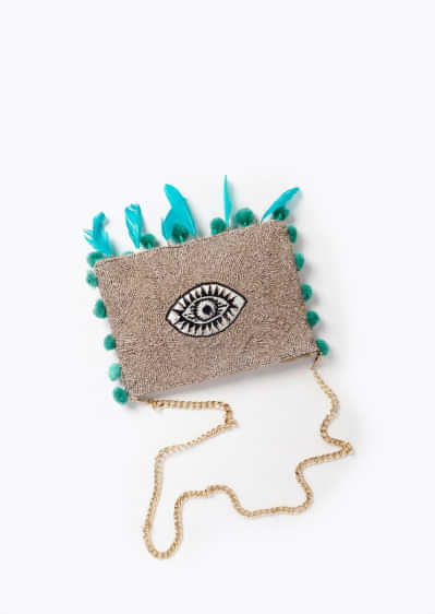 Light Grey Sling Bag With Thread Embroidered Evil Eye, Pompoms And Feathers By Sole House