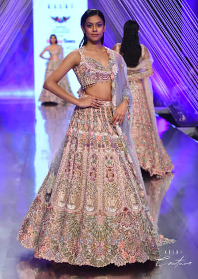 Light Pink Lehenga Set With A Choli In Moti Embroidery, Crop Top Comes In Half Sleeves With Cut Work