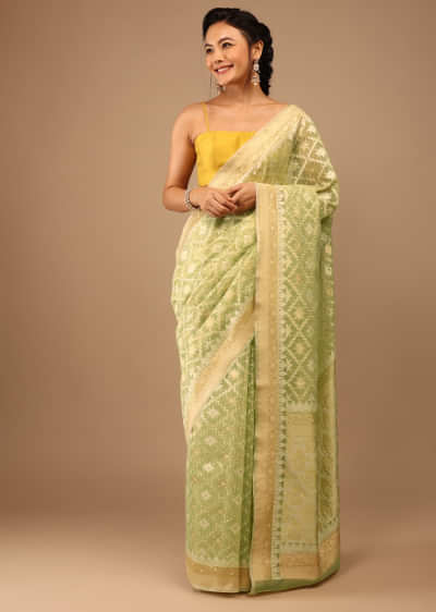 Powder Green Saree In Pure Handloom Cotton With Banarasi Chanderi Weave