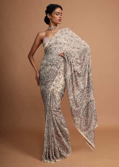 Off white georgette saree with thread embroidered jaal work
