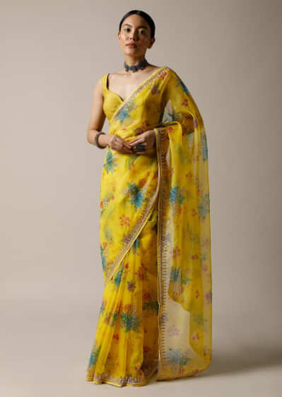 Lime Yellow Saree In Organza With Floral Print And Cut Dana Work Along With Unstitched Blouse