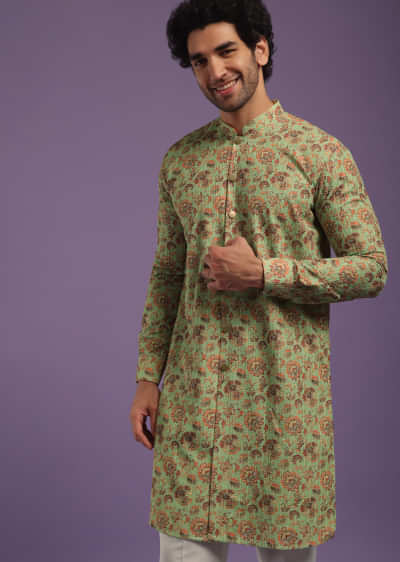 Lime Green Front Open Printed Kurta Set In Cotton 