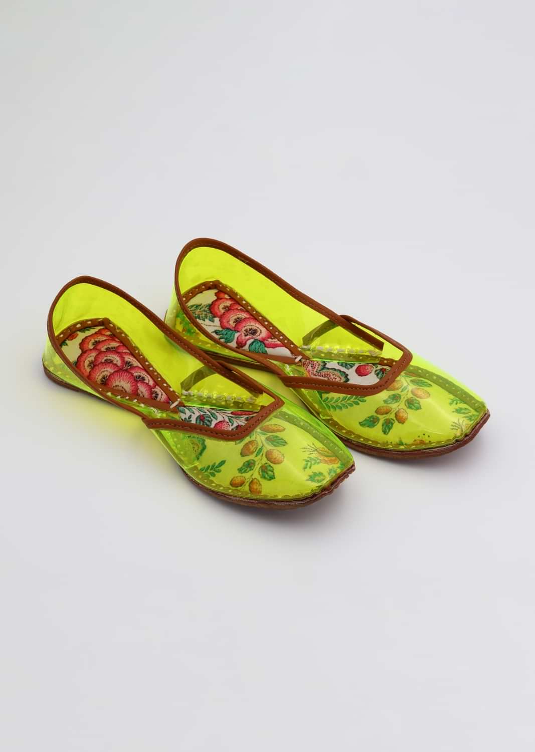 Lime Green Printed Mojris In Vinyl Leather Double Cushioning, Leather Piping