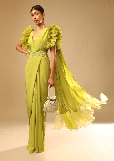 Lime Green Saree In Crepe With Elaborate Ruffle Sleeved Crop Top And Heavy Stone Embroidered Belt