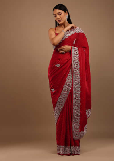 lollipop Red Satin Saree With Stone Work In Floral Pattern