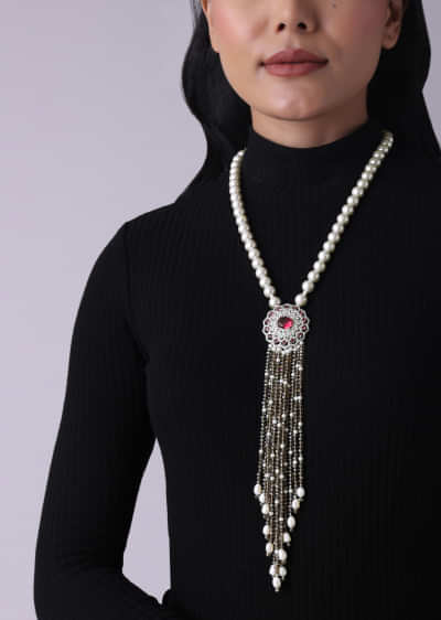 Long Pearl Necklace With Diamond Centerpiece And Glass Beads Tassels