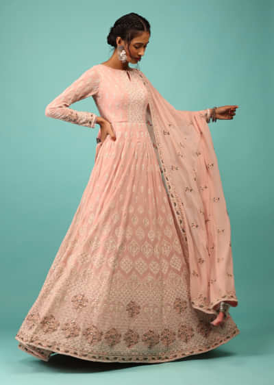 Lotus Pink Anarkali Suit In Georgette With Floral Embroidery