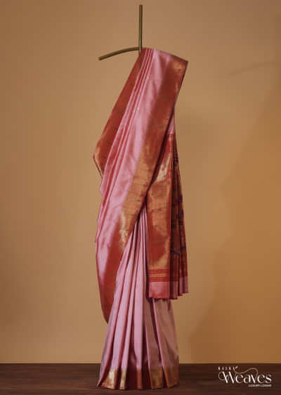 Lotus Pink Handloom Pure Silk Woven Maharashtrian Paithani Saree With Unstitched Blouse