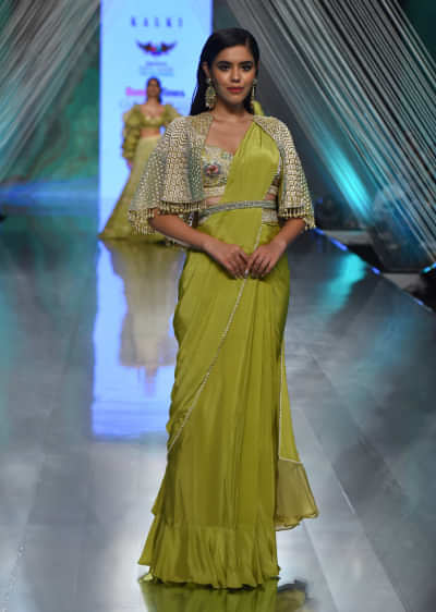 Citrus Green Ready Pleated Saree with Net Cape and V-Neck Crop Top with Hemline Cut Out