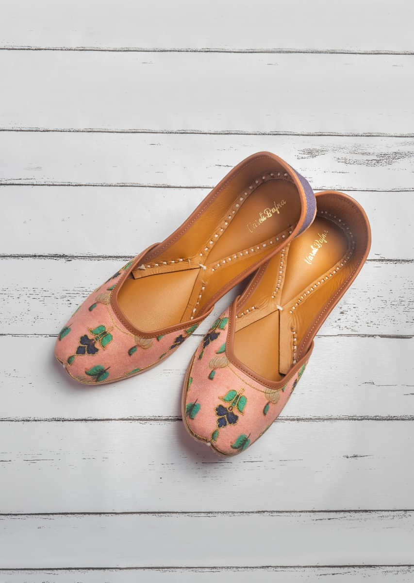 Onion Pink Juttis In Cotton Satin With Multi Color Print And Gold Resham Work By Vareli Bafna