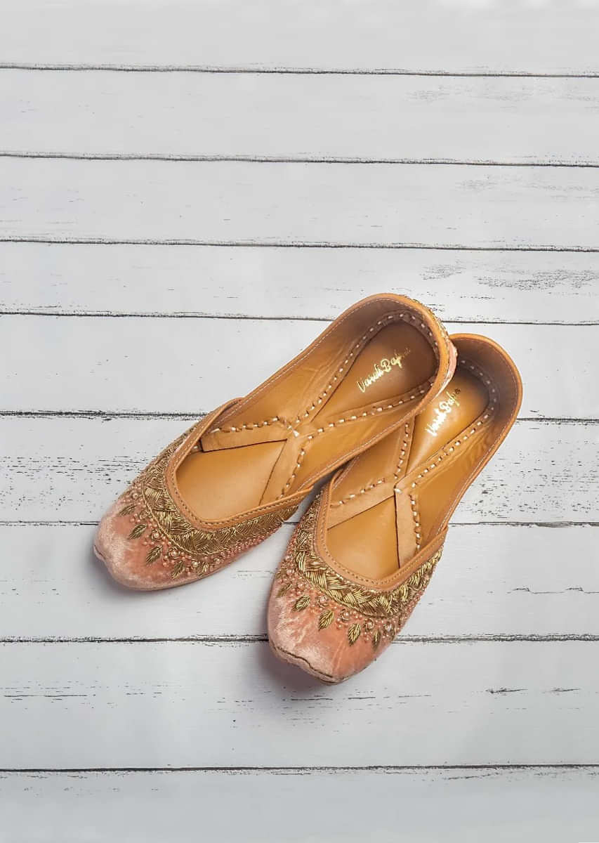 Onion Pink Juttis In Velvet Hand Embroidered With Zardozi And Pearls By Vareli Bafna