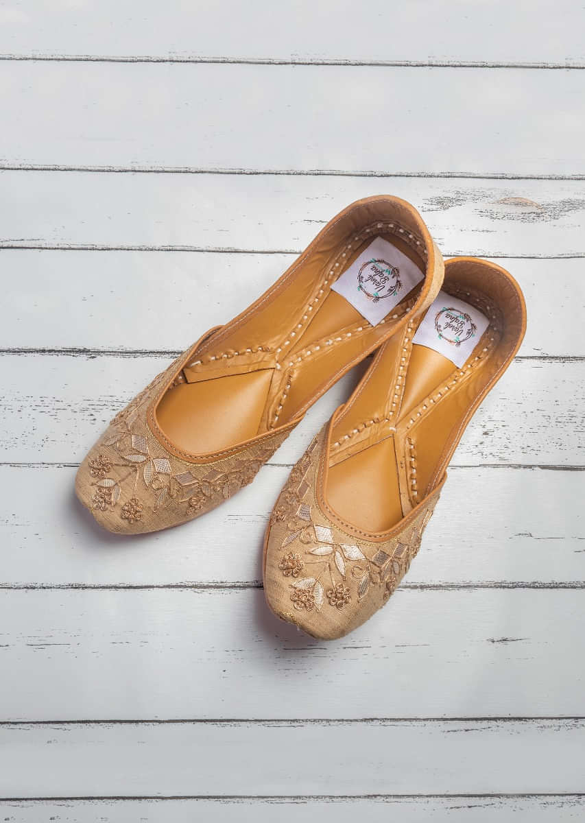 Gold Beige Juttis In Silk With French Knot Flowers Along With Gotta Work By Vareli Bafna