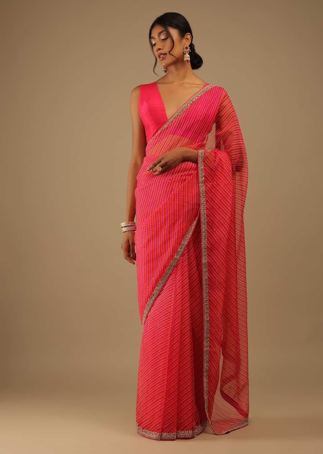 Magenta And Hibiscus Leheriyan Print Saree, Crafted In Organza With Moti Floral Embroidery Buttis