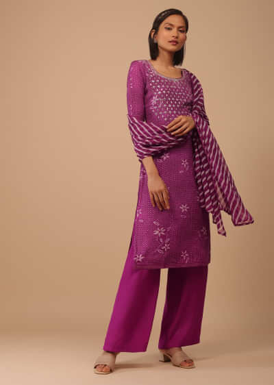 Grape Purple Embroidered Bandhani Printed Cotton Palazzo Suit With Leheriya Dupatta
