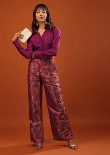 Magenta Haze Purple Tusser Top And Banarasi Brocade Straight Cut Pants Set With Woven Floral Motifs