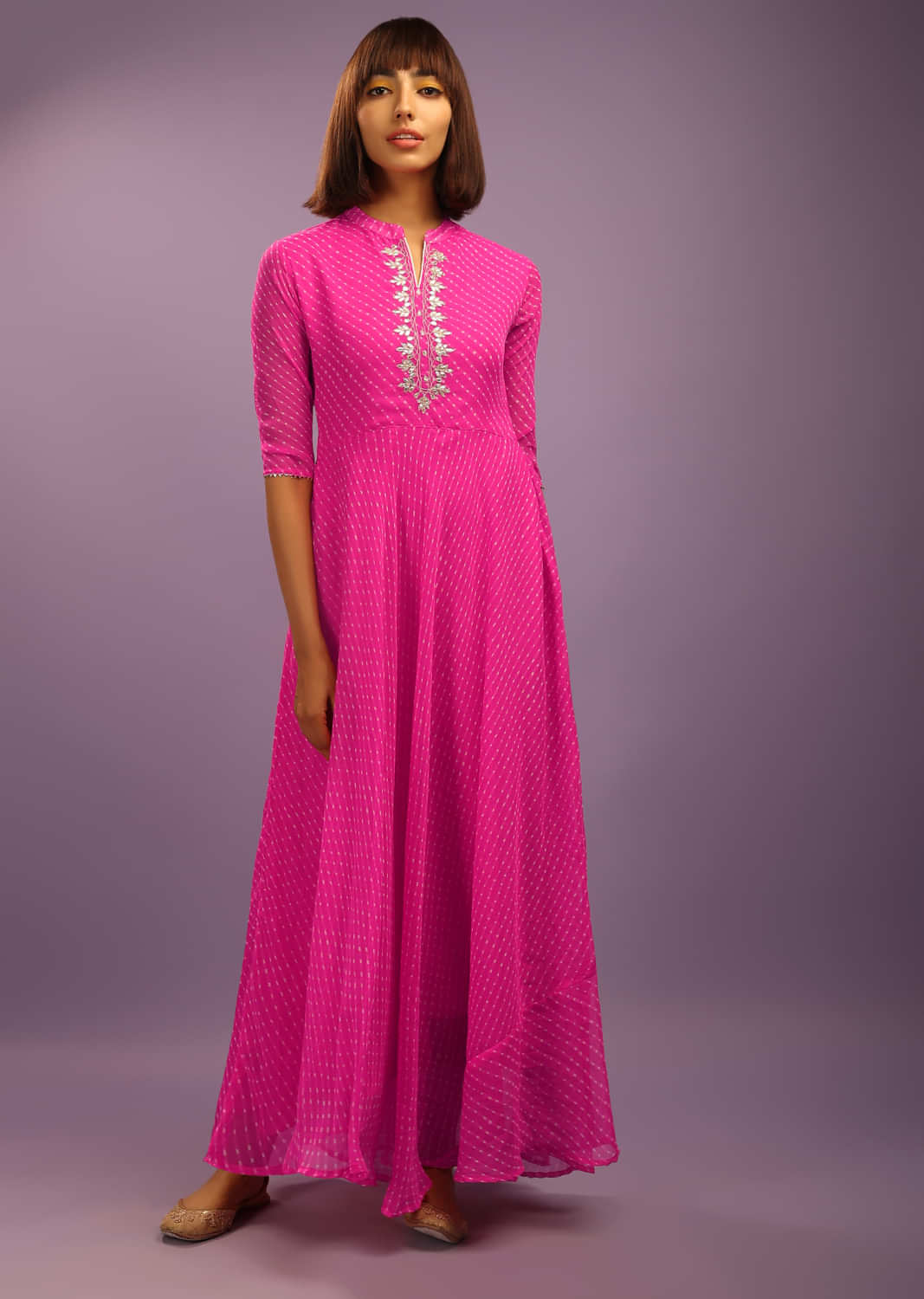 Magenta Pink Anarkali Dress In Georgette With Lehariya Print And Gotta Patti Work 