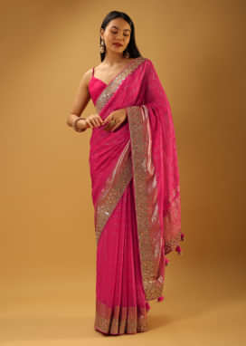 Magenta Pink Saree In Zari Kota Silk With Gotta Patti Embroidered Border 