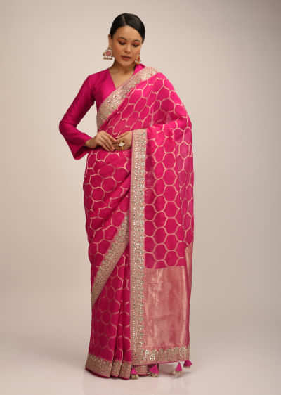 Magenta Saree In Organza Silk With Woven Moroccan Jaal And Gotta Patti Embroidered Floral Border