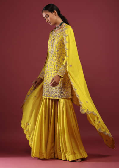 Maize Yellow Sharara Suit In Raw Silk With Zardosi And Moti Embroidered Floral Detailing