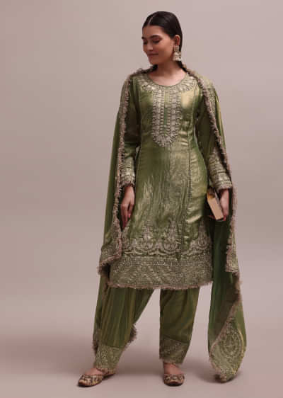 Majestic Green Salwaar Suit Set With Gotta Patti Kurta And Floral Lace Dupatta