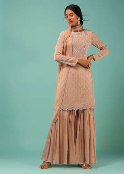 Maple Beige Sharara Suit In Chiffon With Resham, Moti And Cut Dana Embroidered Floral Yoke And Butti Design