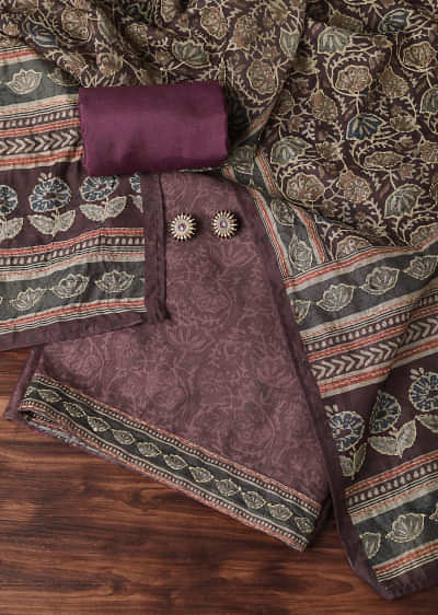 Maroon Wine Kalamkari Print With Katha Embroidery Silk Unstitched Dress Material