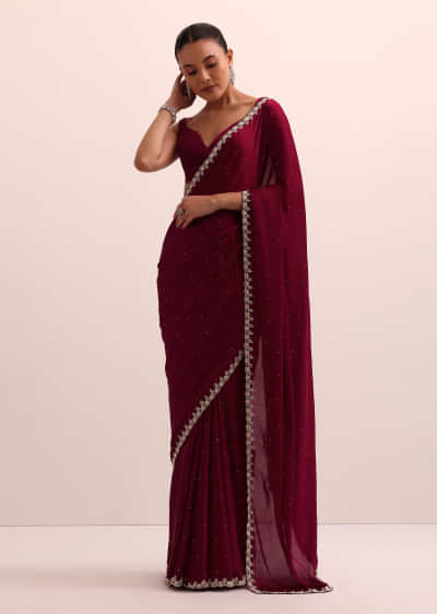 Maroon Satin Saree With Bead Work With Unstitched Blouse