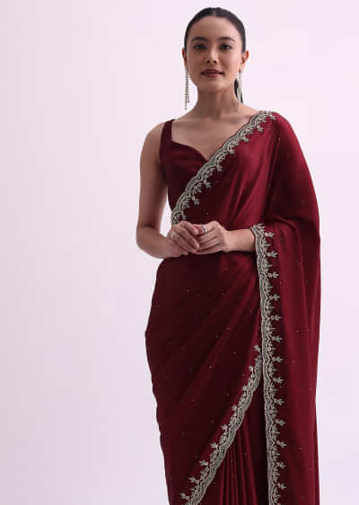 Maroon Satin Saree With Cutdana Border And Unstitched Blouse Fabric