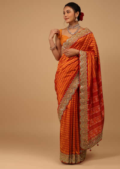 Mars Red Saree In Pure Silk With Handloom Patola Weave And Ikat Embroidery