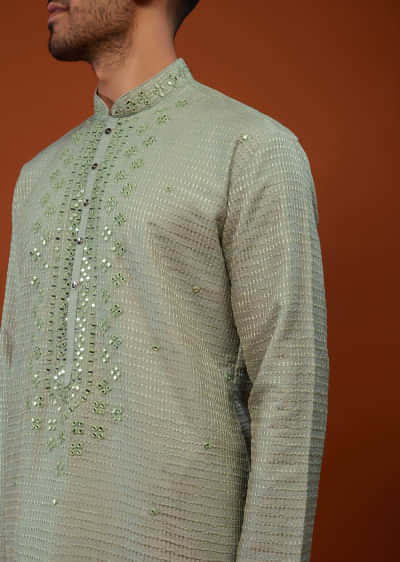 Powder Green Embroidered Kurta Set With Mirror Work In Cotton Silk