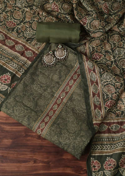 Olive Green Kalamkari Print With Katha Embroidery Silk Unstitched Dress Material
