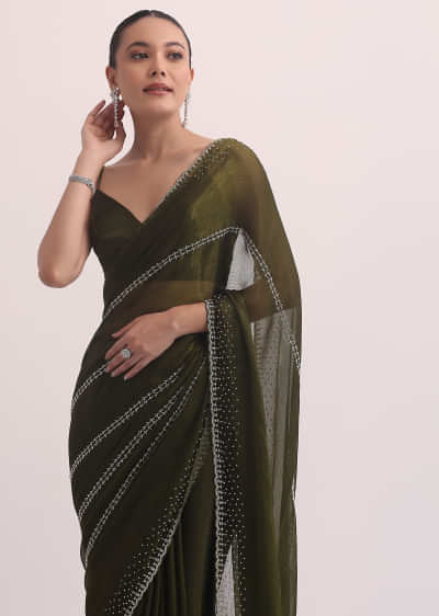 Mehendi Green Chiffon Saree In Cut Dana Embroidery With Unstitched Blouse