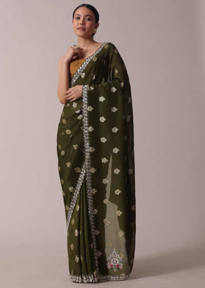 Mehendi Green Festive Saree With Lurex And Embroidery Work In Crepe