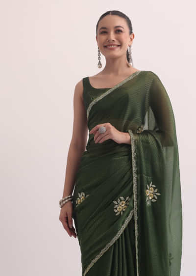 Mehendi Green Jacquard Saree In Cutdana Embroidery With Unstitched Blouse