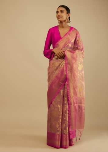 Mellow Rose Pink Saree In Organza Silk With Golden Brocade Woven Floral Jaal And Magenta Border Design Along With Unstitched Blouse  