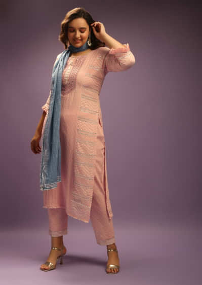 Melon Peach Straight Cut Suit In Cotton With Foil Work On The Yoke And Gotta Lace Stripes  