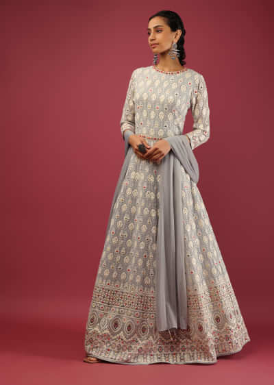 Metal Grey Anarkali Suit In Georgette With Lucknowi Thread Embroidered Moroccan Jaal And Multi Colored Abla Accents  