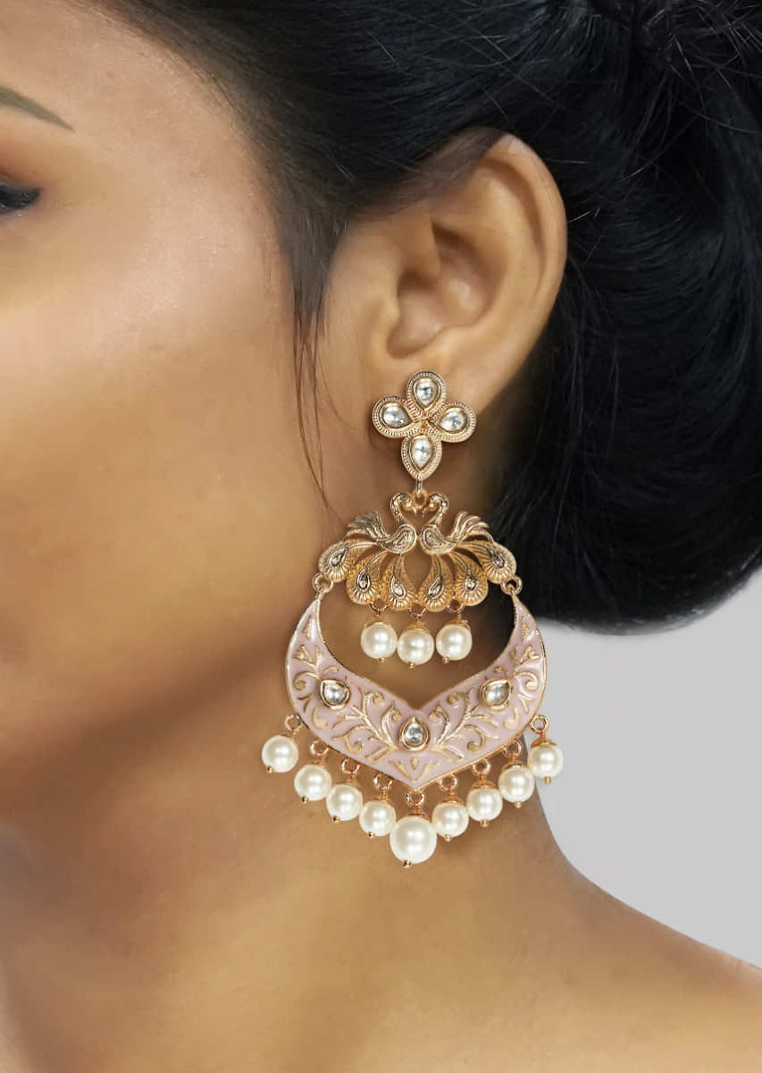 Metal Hand-Engraved Earrings With Pink Meenakari Studded With Kundan And Pearls By Tizora