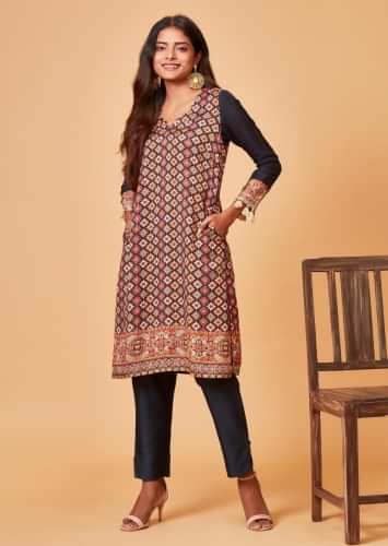 Midnight Blue Straight Cut Suit With Multi Color Printed Buttis Online - Kalki Fashion