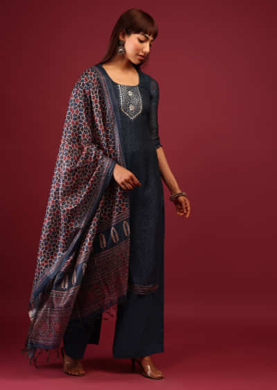 Midnight Blue Palazzo Suit In Tussar Silk With Ajrakh Handblock Print And Embroidery 