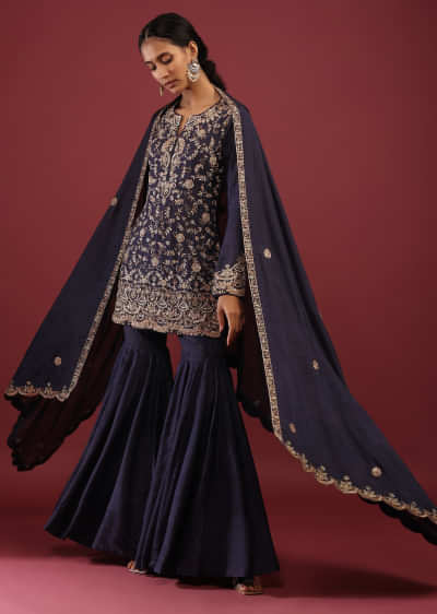 Midnight Blue Sharara Suit In Raw Silk With Zardosi And Moti Embroidered Floral Detailing