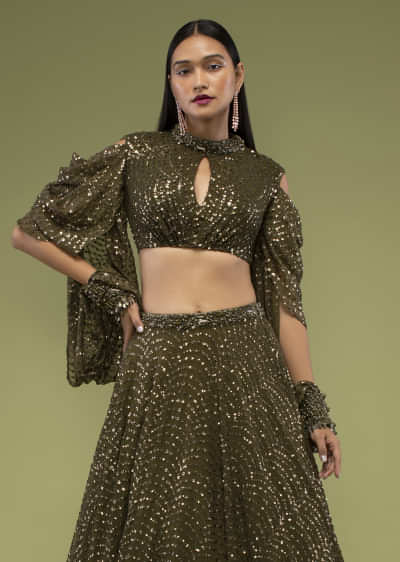 Military Olive Lehenga And Crop Top In Sequins Embroidery, Paired With The Crop Top In Crew Neckline With A Key-Hole 