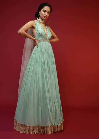 Mint Anarkali Suit With A Plunging Neckline And Hand Embroidered Buttis Featuring Multi Colored Sequins And Beads  