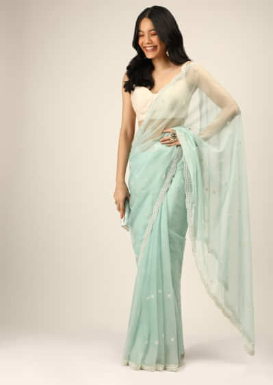 Mint Saree In Organza With Moti And Stones Embroidered Border And Butti Design  