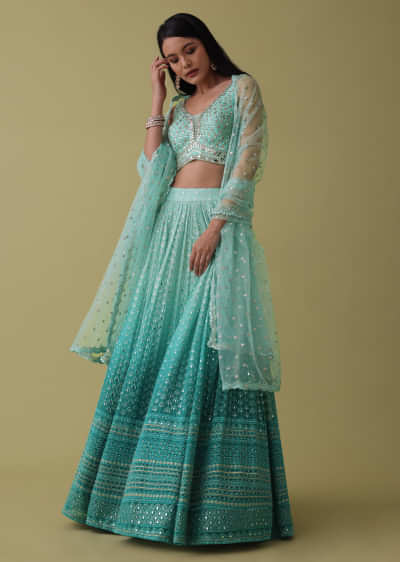 Mint Blue Ombre Lehenga Set In Georgette With Mirror And Thread Work